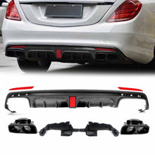 Carbon Look Rear Diffuser w/ Light + Black Exhaust Tips For Mercedes W222 Sedan AMG Pack 2013-2017