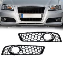 LH+RH Front Bumper Fog Light Grill Grille Cover For Audi A3 8P 2009-2012 (Black Honeycomb + Chrome Ring)