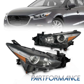 For 2017-2018 Mazda 3 Passenger+Driver Clear Headlights Headlamps Black Halogen