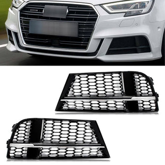Chrome+Black Honeycomb Fog Light Grill Mesh Cover Fits Audi A3 S Line 2017-2019