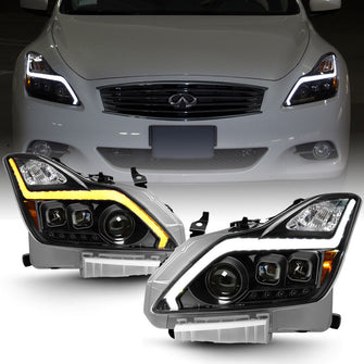 Black LED Switchback Headlights w/ Sequential Signal For 2008-2015 Infiniti G37 Q60 Coupe HID/Xenon w/o AFS