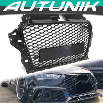 For 2014-2016 Audi A3 8V RS3 Style Front Grille (Gloss Black Frame + Honeycomb)