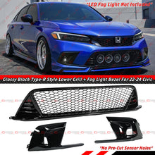 For 2022-2024 Honda Civic Gloss Black Front Lower Grill + Fog Light Bezel Cover Replacement
