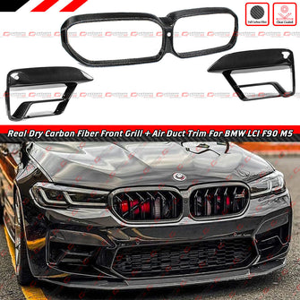 Dry Carbon Fiber Front Air Duct Vent Cover Trim & Front Grille Outline Frame For 2021-2023 BMW F90 M5 LCI