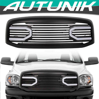 Black Front Hood Grill Bumper Grille Shell w/ LED Light for Dodge Ram 1500 2500 3500 2006-2009