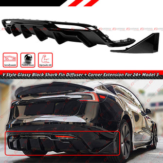 For 2024+ Tesla Model 3 Highland Gloss Black Rear Bumper Diffuser with Extension