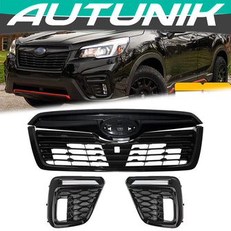 Glossy Black Front Upper Grille Grille & DRL Turn Signal Fog Lights for Subaru Forester 2019-2021