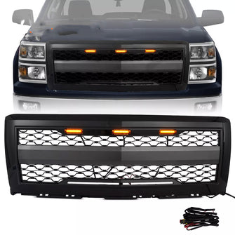 Gloss Black Front Bumper Hood Upper Grille w/Light For 2014-2015 Chevy Silverado 1500