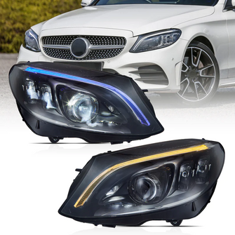 Pair LED Headlights For Mercedes C-Class W205 C200 C300 C63 Coupe Convertible 2015-2021 W/ Blue Animation