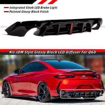 For 2017-2022 Infiniti Q60 Gloss Black Rear Bumper Diffuser w/ LED Brake Light