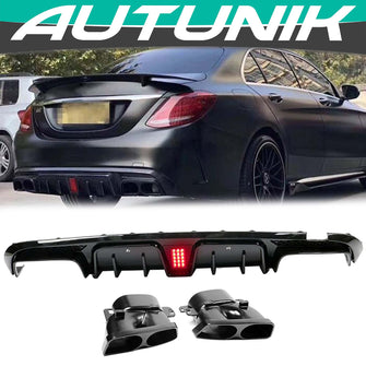 Rear Diffuser w/ LED + Black Exhaust Tips For Mercedes W205 C63 C63S AMG 2015-2021