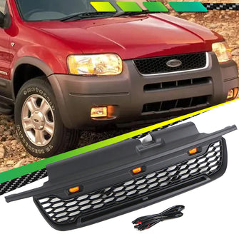 Black Front Bumper Upper Grille w/ LED Lights Fits For 2001-2004 Ford Escape / Kuga