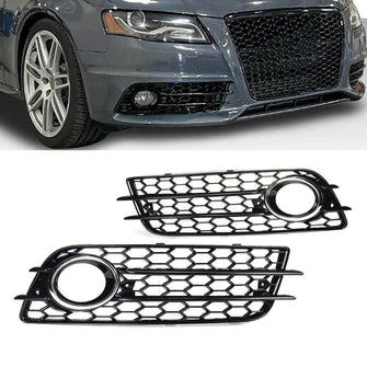 Fog Light Lamp Cover Grille Audi A4 B8 S-Line S4 Bumper 2009-2012 （ Black Honeycomb + Chrome Ring ）