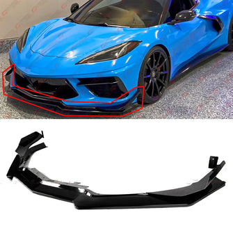 For 2020-2025 Corvette C8 Z51 Z07 Stingray Coupe Convertible Canard Style Gloss Black Front Bumper Lip Splitter