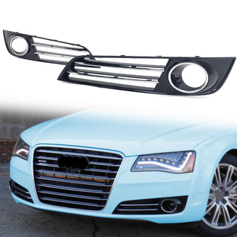 Black + Chrome Front Bumper Fog Light Grille Cover for Audi A8 D4 2011-2014