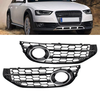 2x Fog Light Grille Cover For Audi A4 Allroad 2010-2016 （ Black Honeycomb + Chrome Ring ）