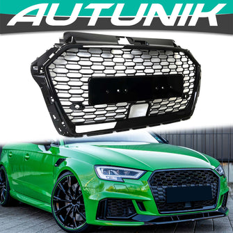 For 2017-2020 Audi A3 8V RS3 Style Front Honeycomb Mesh Grille Gloss Black W/ACC