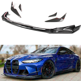 For 2021-2025 BMW G80 M3 G82 G83 M4 Carbon Fiber 3PC V Style Front Lip + Aero Canard Fin Set