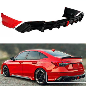 For 2022-2025 Honda Civic Sedan LED Rear Diffuser + Corner Spats Extensions Rallye Red