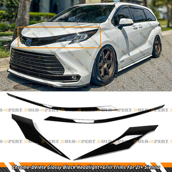 Gloss Black Chrome Delete Front Bumper Grille & Headlight Garnish Trims For 2021-2025 Toyota Sienna