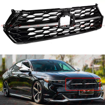 For 2023-2025 Honda Accord Gloss Black Front Bumper Mesh Grille w/ Silver Trim