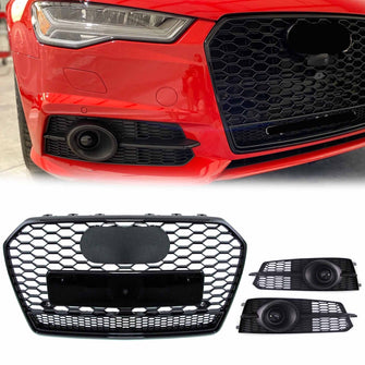 Honeycomb Front Grill + Fog Light Lower Grille For Audi A6 C7.5 S-Line S6 2016-2018