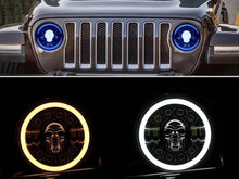 2x 7” Round RGB Skull LED Headlights with Halo DRL for Jeep Wrangler JK LJ TJ CJ / Chevy C10 Camaro Pickup Truck