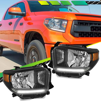 Black Headlights For 2014-2021 Toyota Tundra Pair Left + Right Halogen Front Lamps