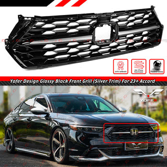 For 2023-2025 Honda Accord Gloss Black Front Bumper Mesh Grille w/ Silver Trim