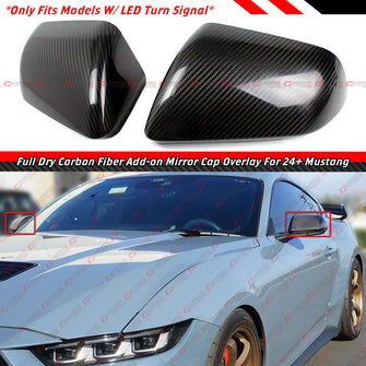 For 2024-2025 Ford Mustang Dry Carbon Fiber Side Mirror Cover Cap Overlay W/ Light