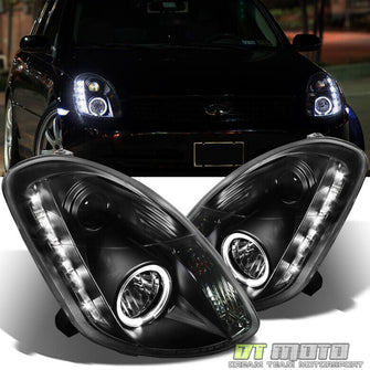 Left+Right Black Headlamps For Infiniti 2003-2004 G35 G35X Sedan LED DRL Halo Projector Headlights