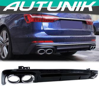 Rear Bumper Diffuser w/ Chrome Exhaust Tips For AUDI A6 C8 S6 S-Line 2019-2024