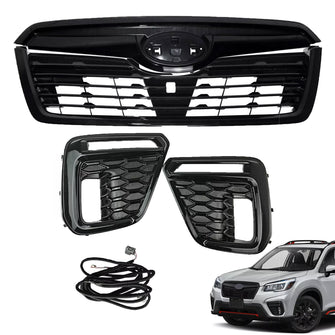 Glossy Black Front Upper Grille Grille & DRL Turn Signal Fog Lights for Subaru Forester 2019-2021