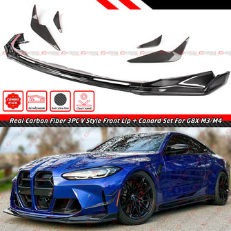 For 2021-2025 BMW G80 M3 G82 G83 M4 Carbon Fiber 3PC V Style Front Lip + Aero Canard Fin Set