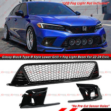 For 2022-2024 Honda Civic Gloss Black Front Lower Grill + Fog Light Bezel Cover Replacement