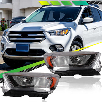 Halogen Headlights Assembly Chrome with LED Accent for Ford Escape 2017-2019