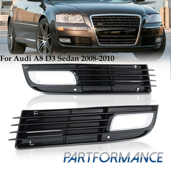 LH+RH Front Bumper Fog Light Cover Grille Glossy Black For Audi A8 D3 4E 2008-2010