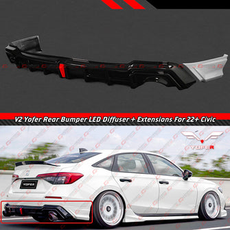 Pearl White LED Rear Bumper Diffuser & Corner Spats Splitter For 2022-2024 Honda Civic Sedan