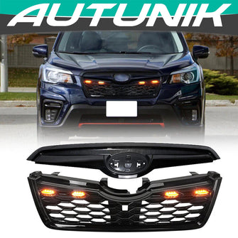 Black Front Bumper Grill Honeycomb Grille w/Light for Subaru Forester 2019-2021