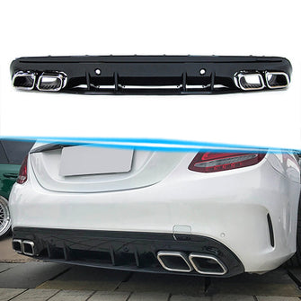 Black Diffuser w/ Chrome Exhaust Tips For Mercedes W205 Sedan C250 C300 C43 Sedan AMG