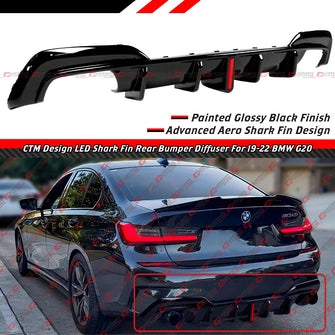 For 2019-2022 BMW G20 330i M340i CTM Gloss Black Rear Bumper Diffuser W/ LED Light