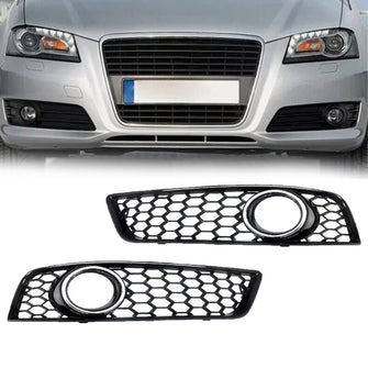 LH+RH Front Bumper Fog Light Grill Grille Cover For Audi A3 8P 2009-2012 (Black Honeycomb + Chrome Ring)