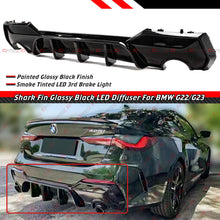For 2021-2025 BMW Coupe G22 G23 4 Series 430i 440i M-Sport Smoke Lens LED Shark Fin Gloss Black Rear Diffuser