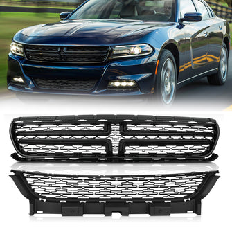 2PC Front Bumper Center Grille Black Mesh For 2015-2023 Dodge Charger SE SXT R/T