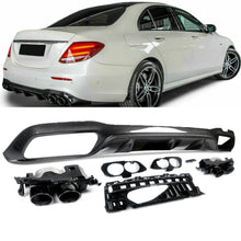 Carbon Fiber Style Rear Diffuser + Round Twin Exhaust Tips for Mercedes E W213 Sedan AMG Pkg 2017-2020