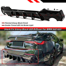 For 2021-2025 BMW Coupe G22 G23 4 Series 430i 440i M-Sport Smoke Lens LED Shark Fin Gloss Black Rear Diffuser
