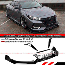 For 2020-2023 Nissan Sentra V2 Gloss Black Front Bumper Lip W/ Grill +Chrome Delete Garnish